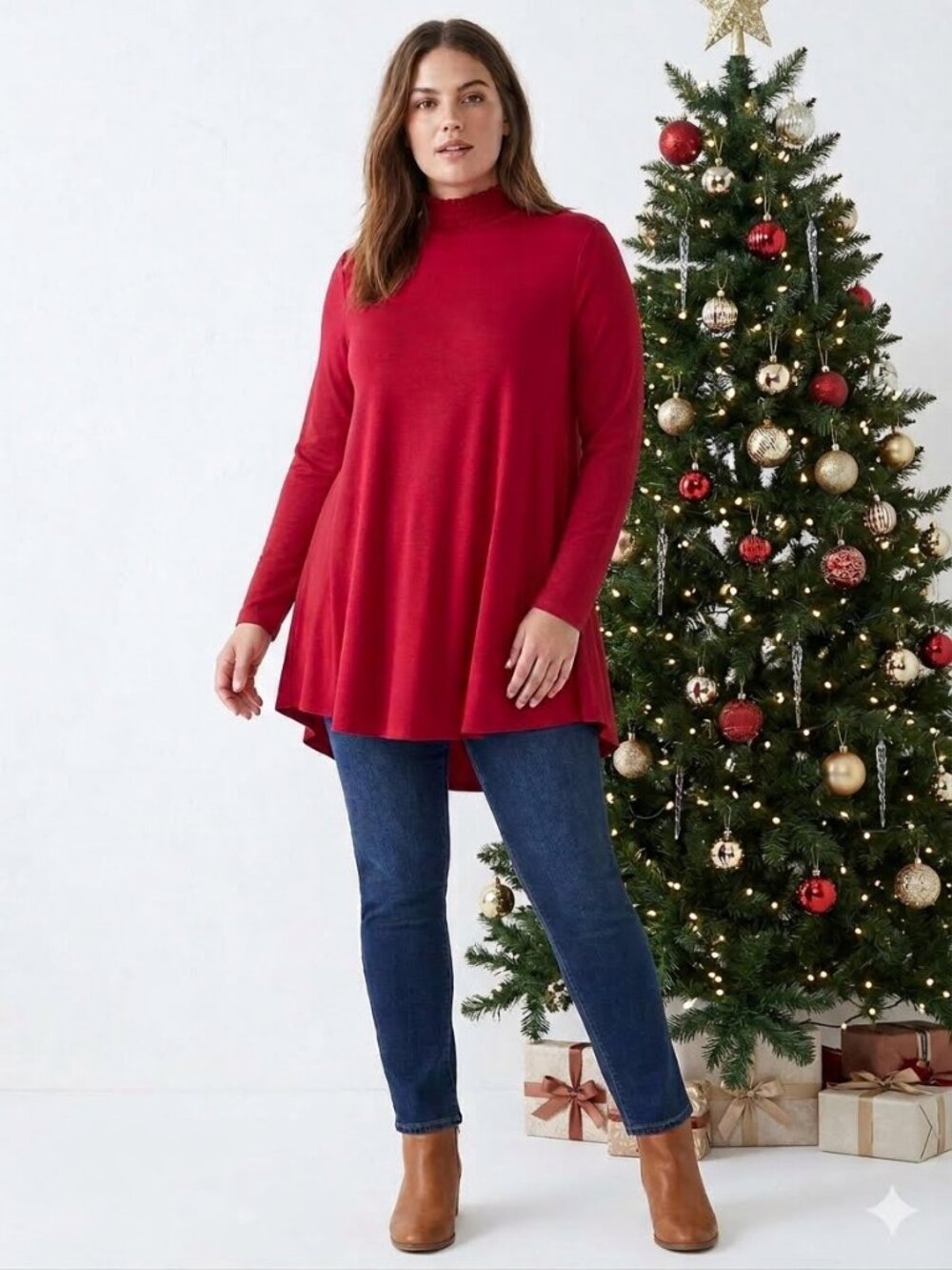 NWT Lane Bryant red tunic with smocked mock turtleneck, size 14/16